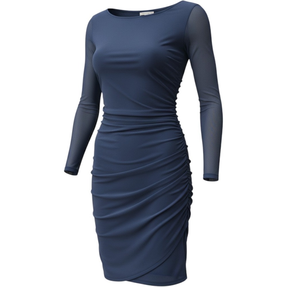 Kay Unger New York Blue Ruched Mesh Long Sleeve Sheath Dress Size L